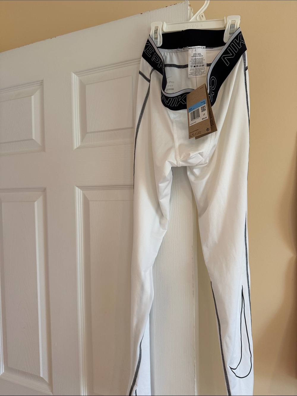 Nike White Men's Training Compression Tights with Black Logo Waistband